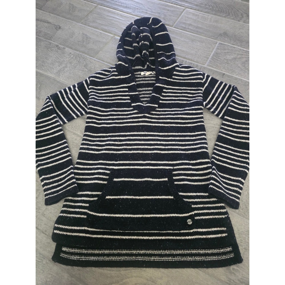 Roxy Womens Black White Striped Knit Hoodie Sweater Kangaroo Pocket Small